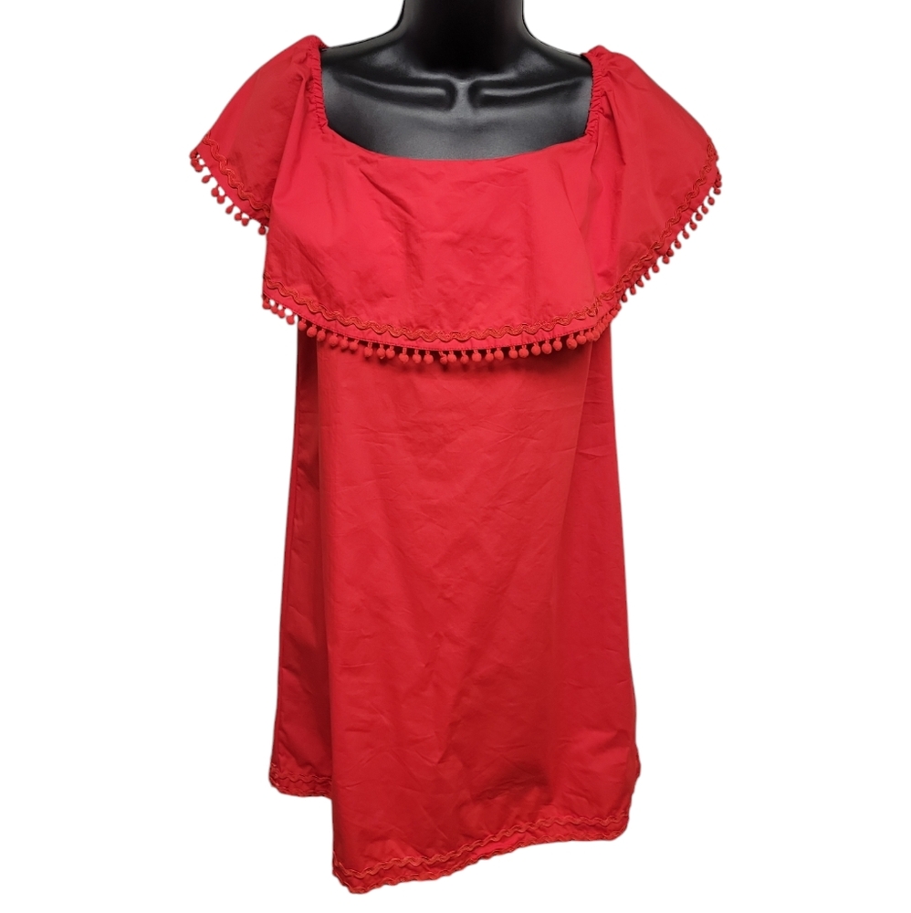 💋Sugar+lips Red Off Shoulder Pom~Pom~Trim Ruffle Dress X~Small